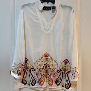 White Embroidered Tunic Mandarin Collar Embroidery 100% Cotton Vacation Cruise